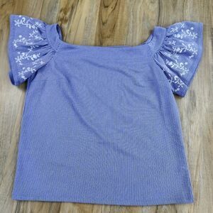 🍑Express Blue Pinstripe w/White Embroidered On/Off Shoulder Top XSmall